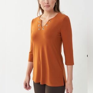 Joseph Ribkoff Rustic Orange Eyelet V-Neck Long Sleeve Top